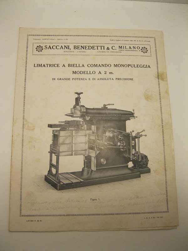 Saccani, Benedetti & C. Milano. Limatrice a biella comando monopuleggia, modello a 2 m. di grande potenza e di assoluta precisione